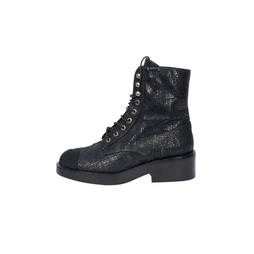 CHANEL Black Fabric Grosgrain CC Cap Toe Combat Boots Size 38.5 US 8.5